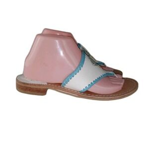 Jack Rogers 8 Leather Thong Flip Flops Bouquet Flowers White w/ Blue Stitching